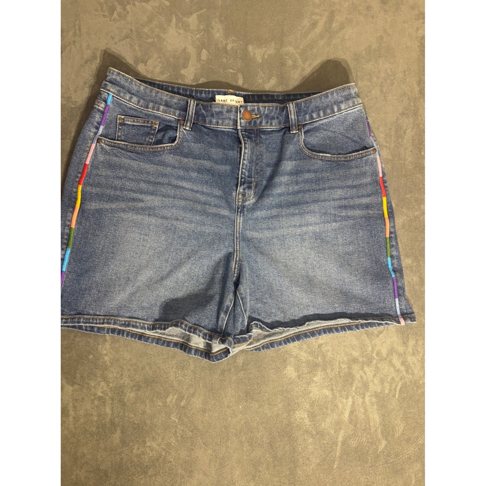 Colorful Vibes Rainbow Side Stripe Denim Shorts Blue Medium Wash